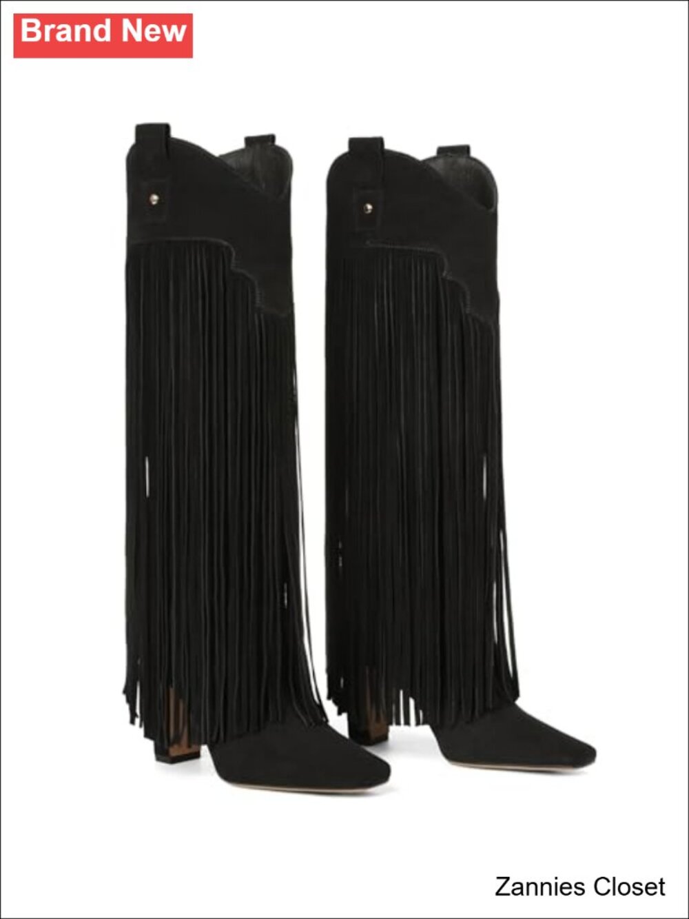 ✨ Fringe Knee High Boots Square Toe Chunky Heel Pull On Suede Tall Boot for